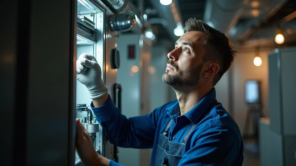 Illustrative technician inspecting the interior of an indoor heating and cooling unit