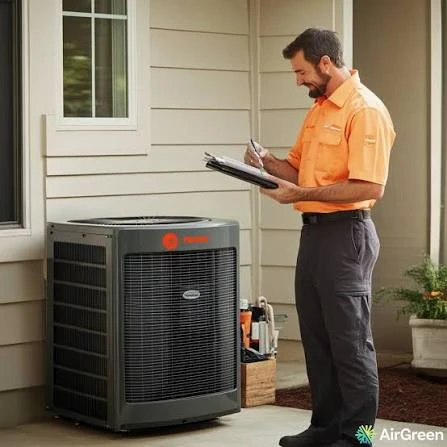 Illustrative technician recording inspection notes beside a residential air conditioner