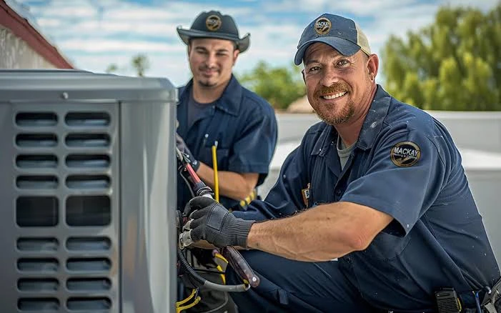 Illustrative technicians checking an outdoor heating and cooling unit