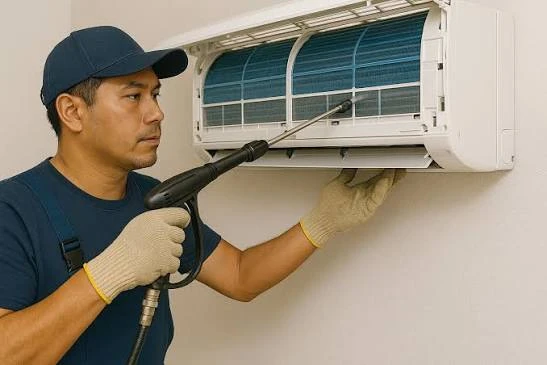 Illustrative technician inspecting and cleaning a wall-mounted air conditioning unit