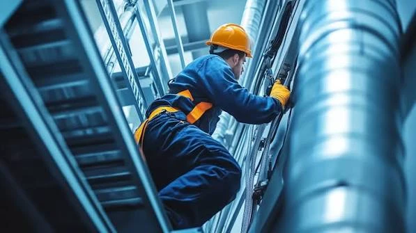 Illustrative technician examining ventilation equipment beside metal ductwork
