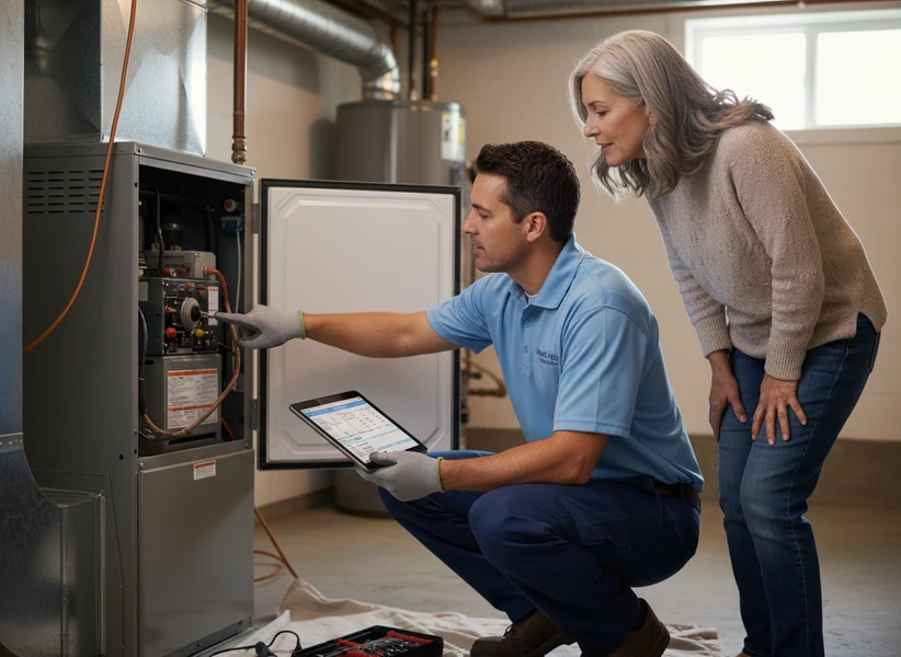 Illustrative technician explaining an open furnace to a homeowner