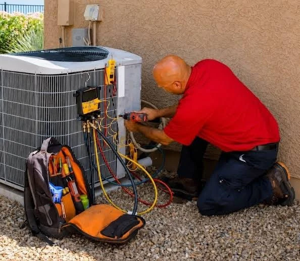 Illustrative technician using diagnostic tools to service a residential outdoor condenser